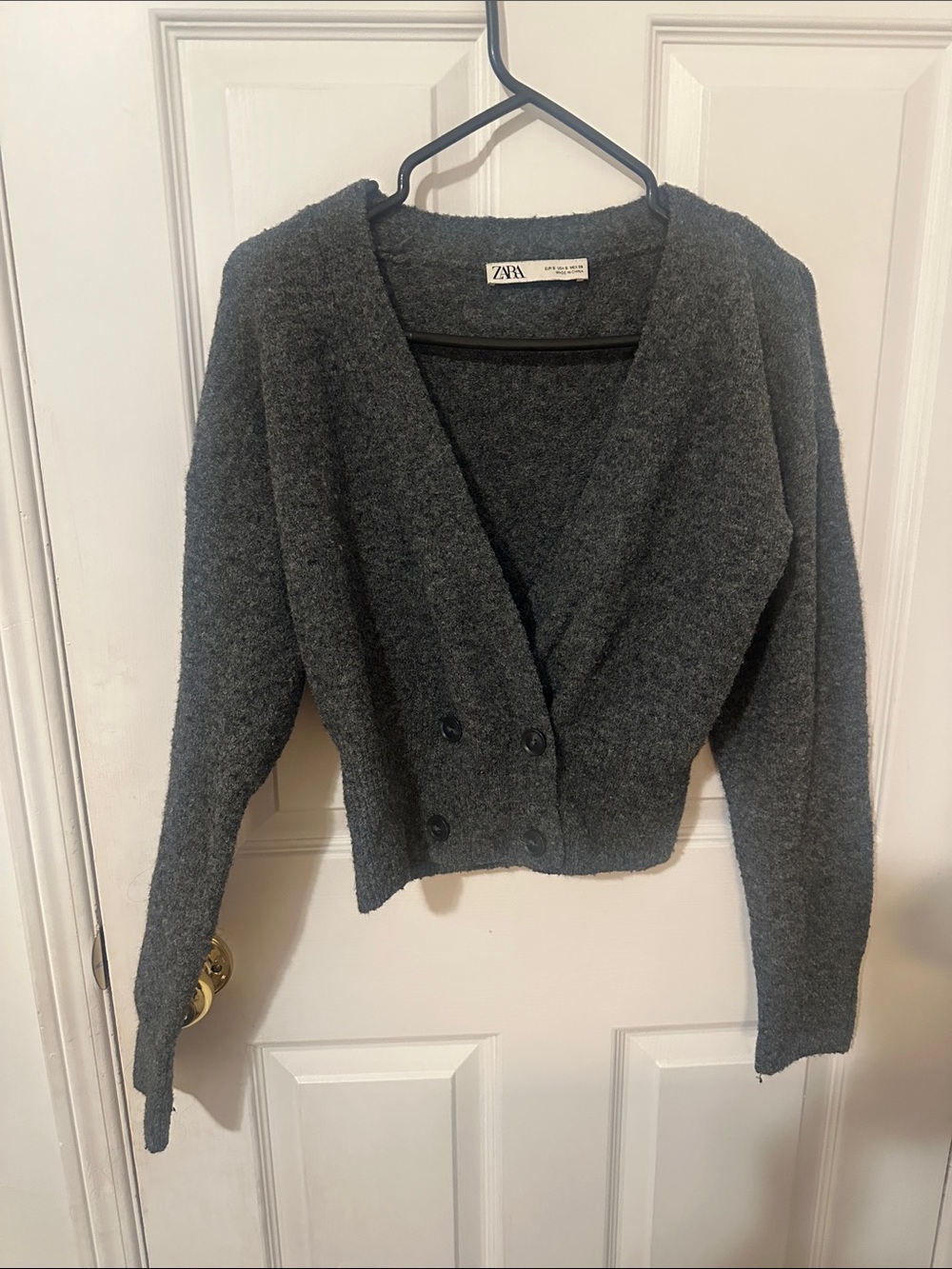 Zara Charcoal Double-Button Cropped V-Neck Cardigan
